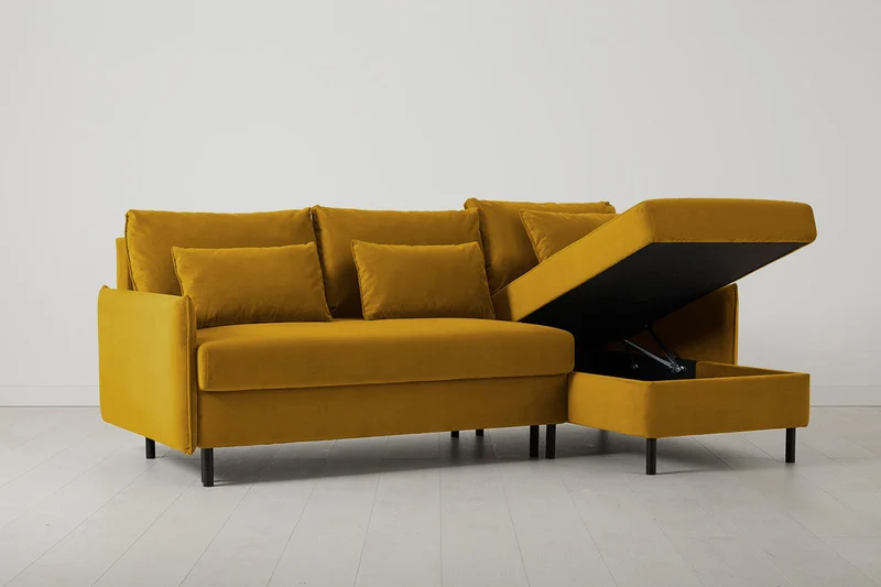 Model 12 Dreisitzer-Schlafsofa mit Chaiselongue rechts, Senfgelb