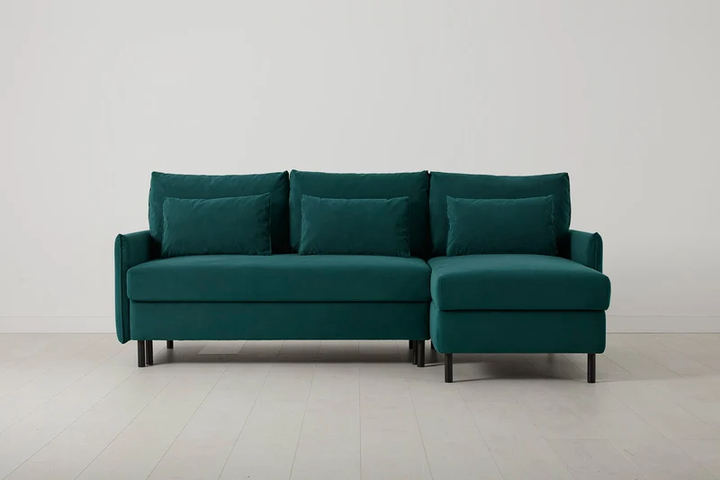 Model 12 Dreisitzer-Schlafsofa mit Chaiselongue rechts, Eisvogelblau