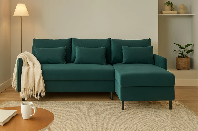 Model 12 Dreisitzer-Schlafsofa mit Chaiselongue rechts, Eisvogelblau