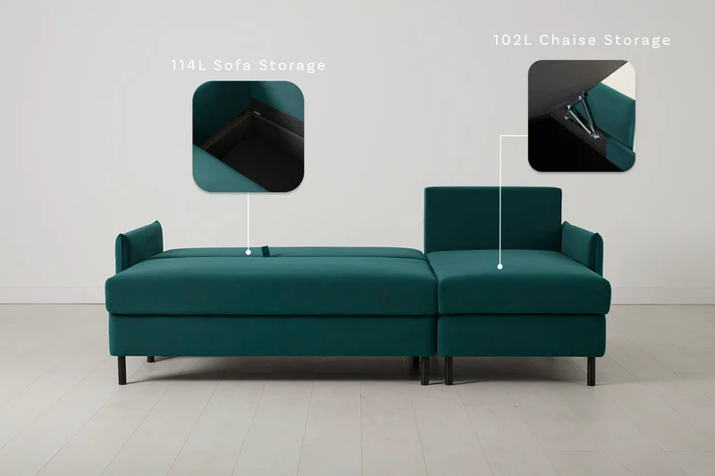 Model 12 Dreisitzer-Schlafsofa mit Chaiselongue rechts, Eisvogelblau