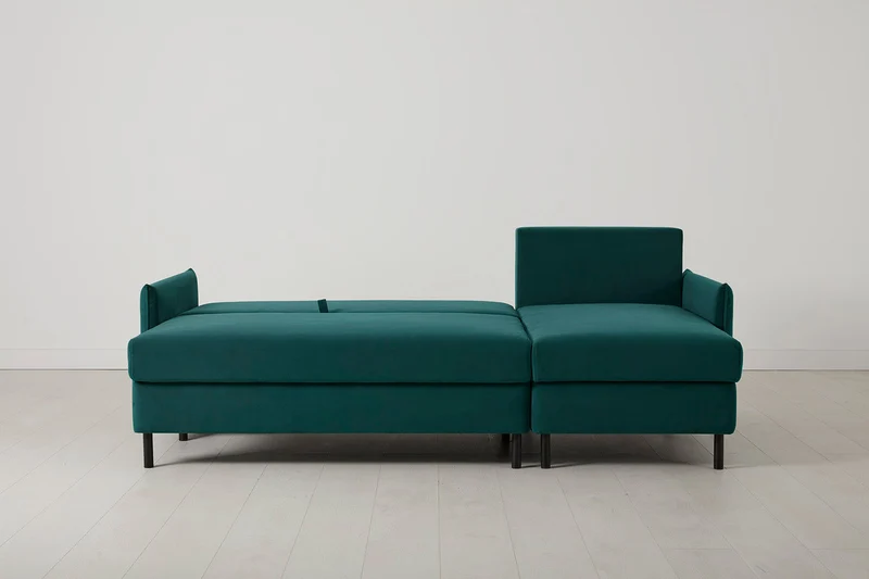 Model 12 Dreisitzer-Schlafsofa mit Chaiselongue rechts, Eisvogelblau