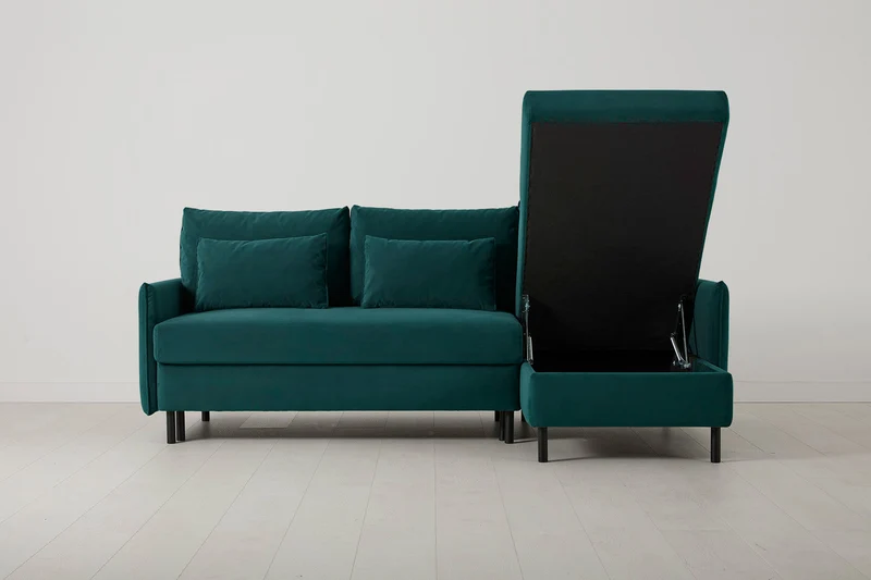 Model 12 Dreisitzer-Schlafsofa mit Chaiselongue rechts, Eisvogelblau