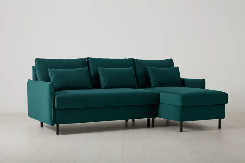 Model 12 Dreisitzer-Schlafsofa mit Chaiselongue rechts, Eisvogelblau