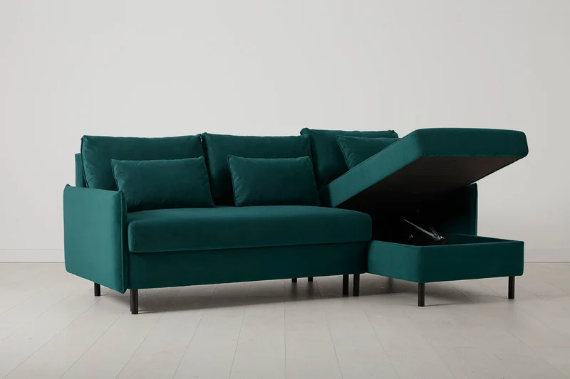 Model 12 Dreisitzer-Schlafsofa mit Chaiselongue rechts, Eisvogelblau