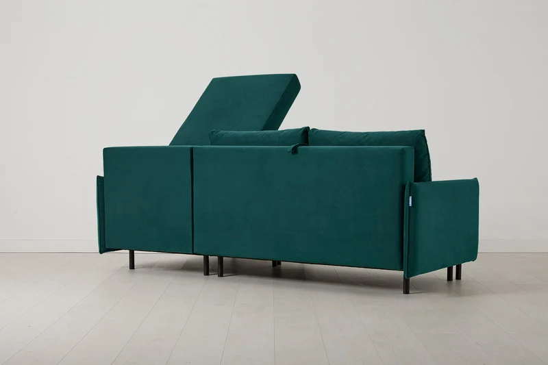 Model 12 Dreisitzer-Schlafsofa mit Chaiselongue rechts, Eisvogelblau
