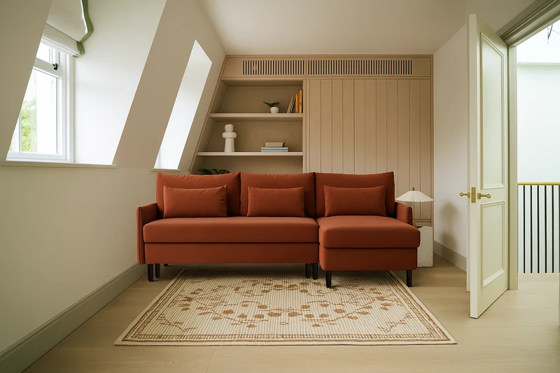 Model 12 Dreisitzer-Schlafsofa mit Chaiselongue rechts, Ziegelrot