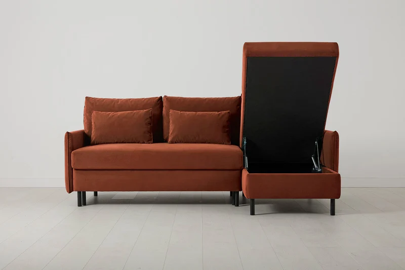 Model 12 Dreisitzer-Schlafsofa mit Chaiselongue rechts, Ziegelrot