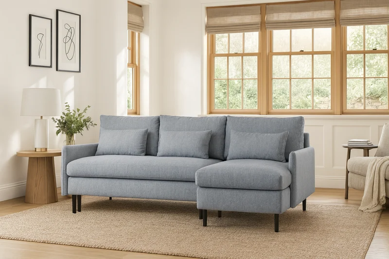 Model 12 Dreisitzer-Schlafsofa mit Chaiselongue rechts, Meerglasblau