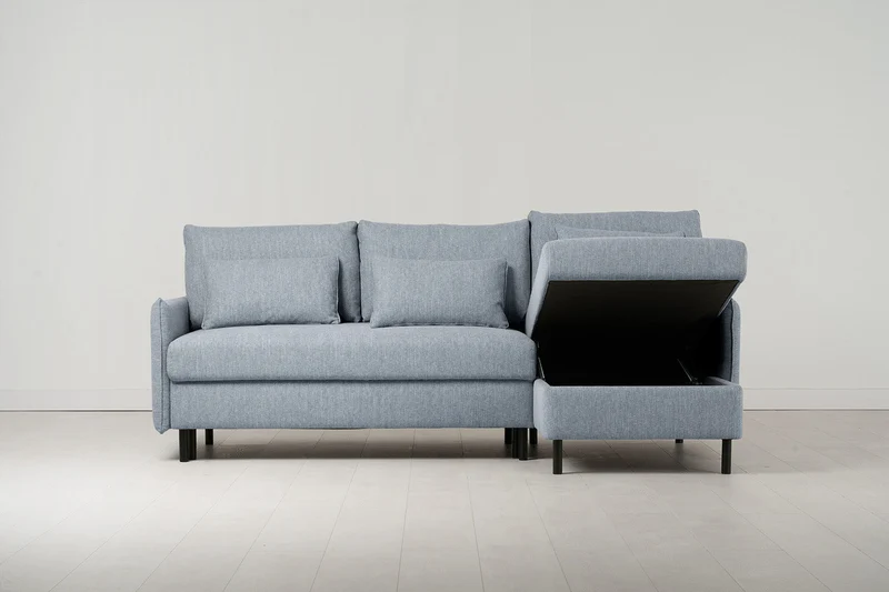 Model 12 Dreisitzer-Schlafsofa mit Chaiselongue rechts, Meerglasblau