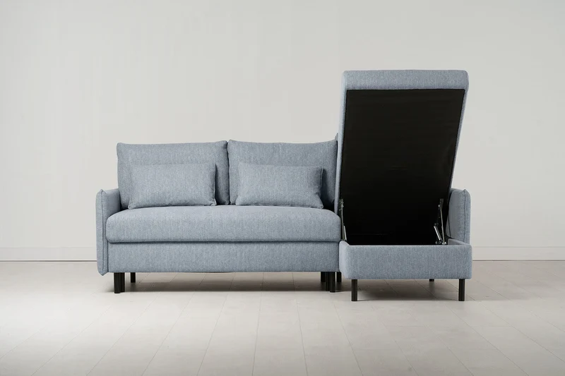 Model 12 Dreisitzer-Schlafsofa mit Chaiselongue rechts, Meerglasblau