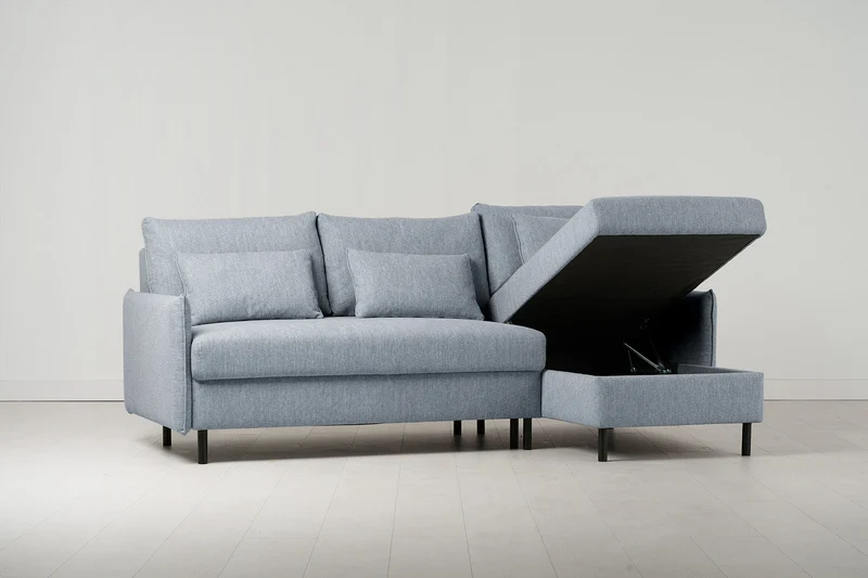 Model 12 Dreisitzer-Schlafsofa mit Chaiselongue rechts, Meerglasblau