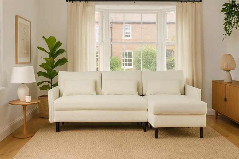 Model 12 Dreisitzer-Schlafsofa mit Chaiselongue rechts, Elfenbeinfarbe