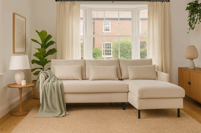 Model 12 Dreisitzer-Schlafsofa mit Chaiselongue rechts, Kreideweiß