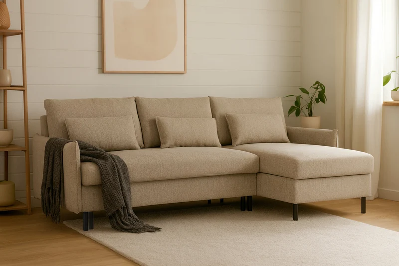 Model 12 Dreisitzer-Schlafsofa mit Chaiselongue rechts, Steingrau