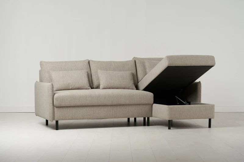 Model 12 Dreisitzer-Schlafsofa mit Chaiselongue rechts, Steingrau