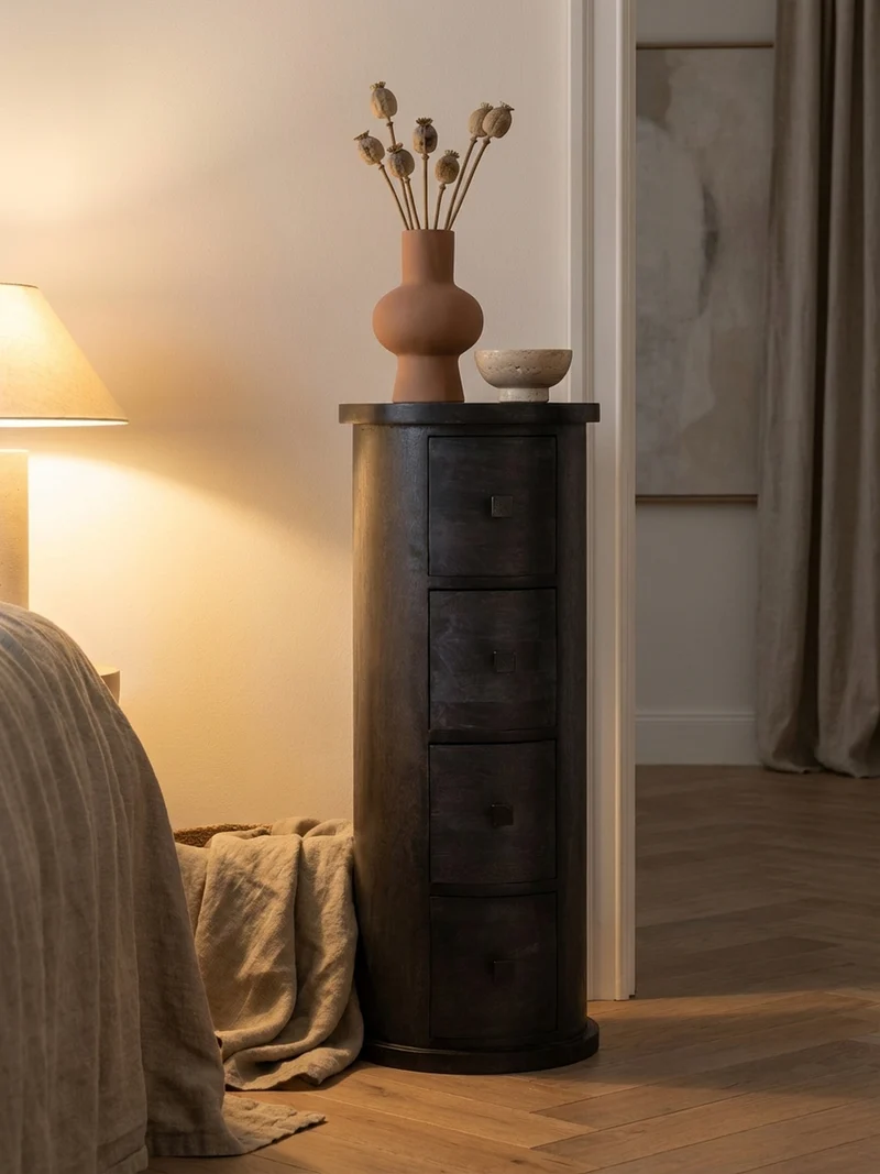 Sideboard – Mango Massivholz, 34x85x34 cm, 4 Schubladen, schmal, schwarz