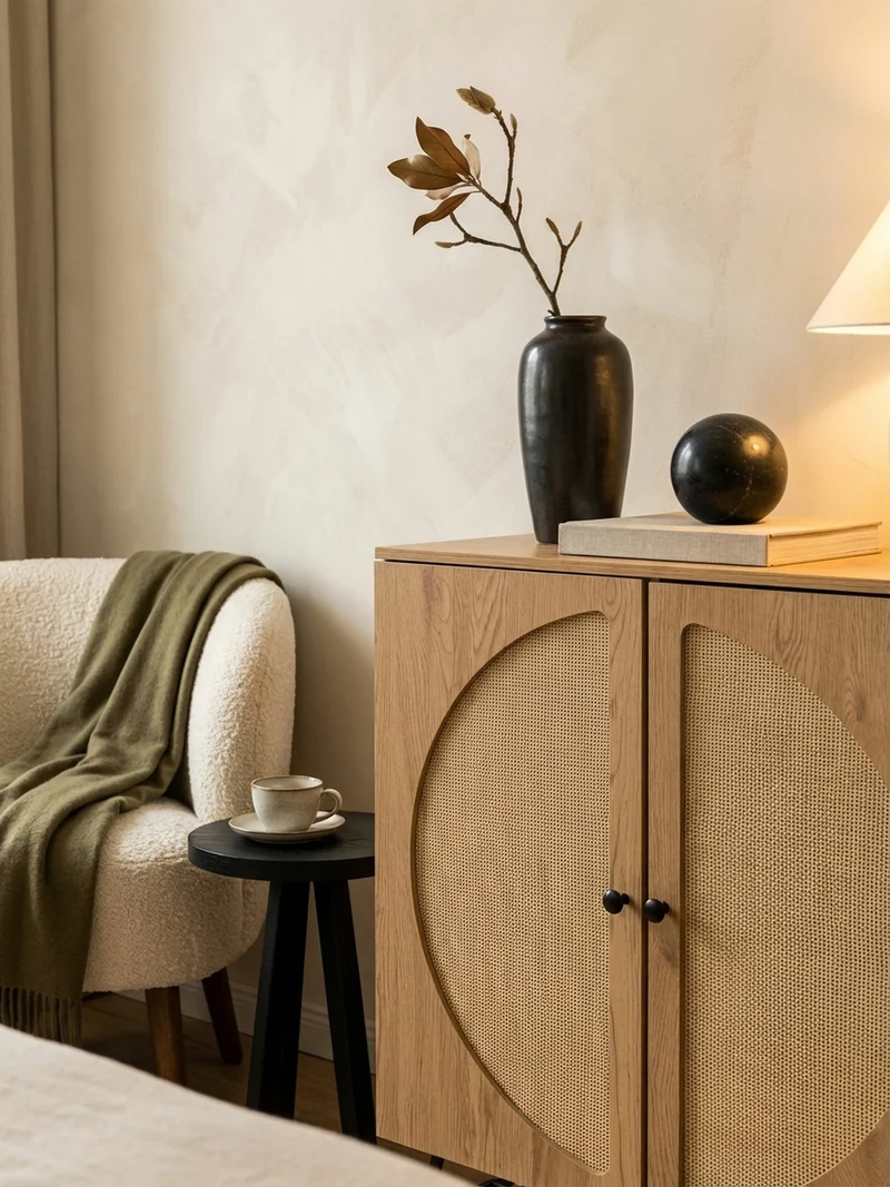 Sideboard – Eiche-Dekor/Rattan, 80x103x39 cm, 2 Türen, hoch
