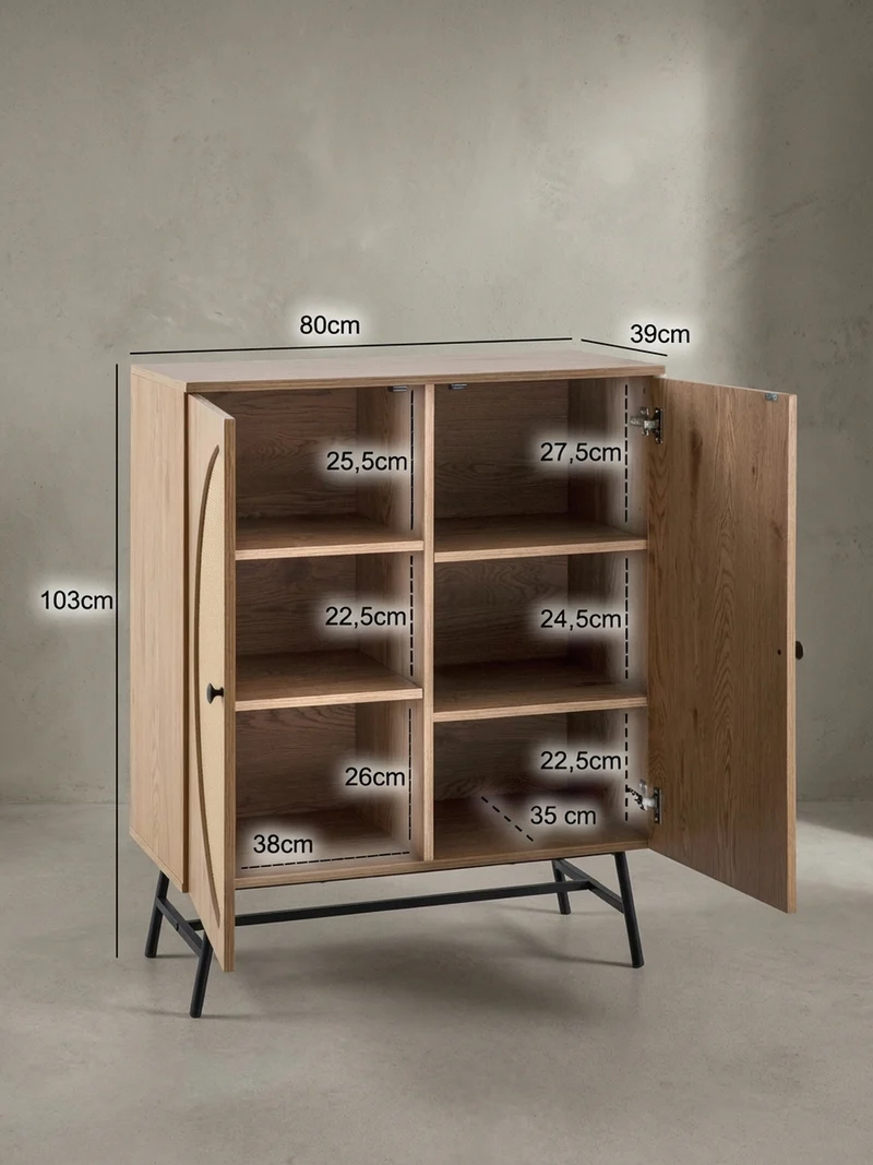 Sideboard – Eiche-Dekor/Rattan, 80x103x39 cm, 2 Türen, hoch