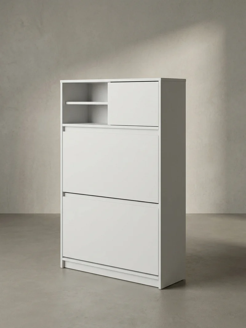 Schuhschrank – Weiß, 71x110x24 cm, Schuhkipper geschlossen, mit Ablage