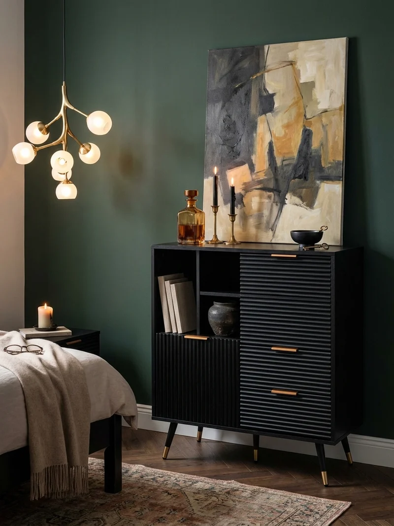 Sideboard – Schwarz/Eiche-Dekor, 77x97x40 cm, mit Türen, Schubladen, Regal, Metallbeine