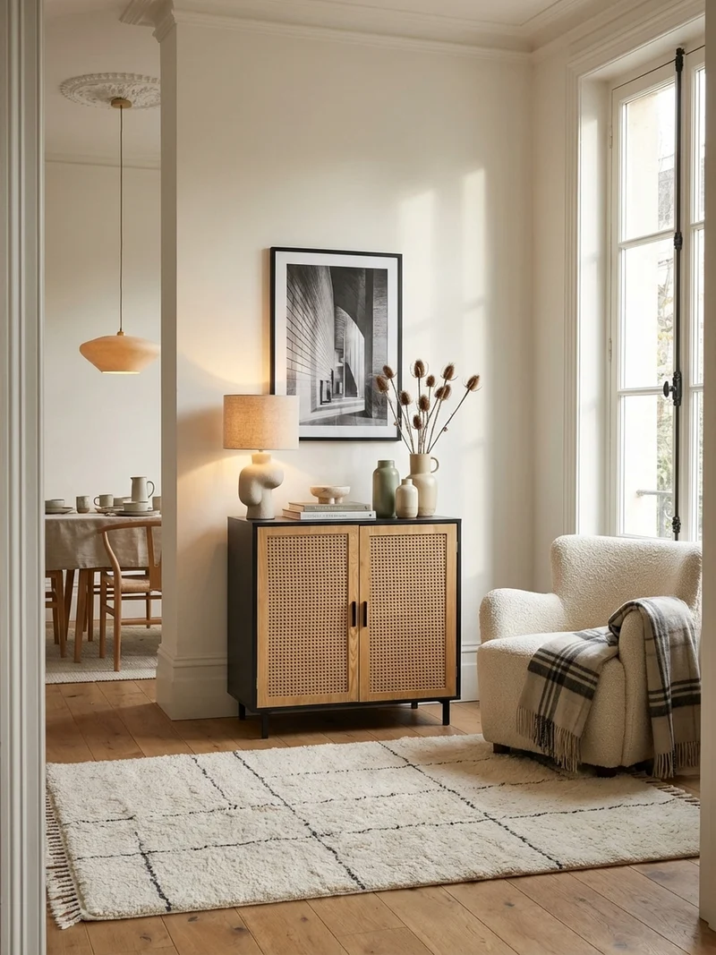 Sideboard – Schwarz, 80x86,5x40 cm, mit Wiener Geflecht, 2 Türen, hoch