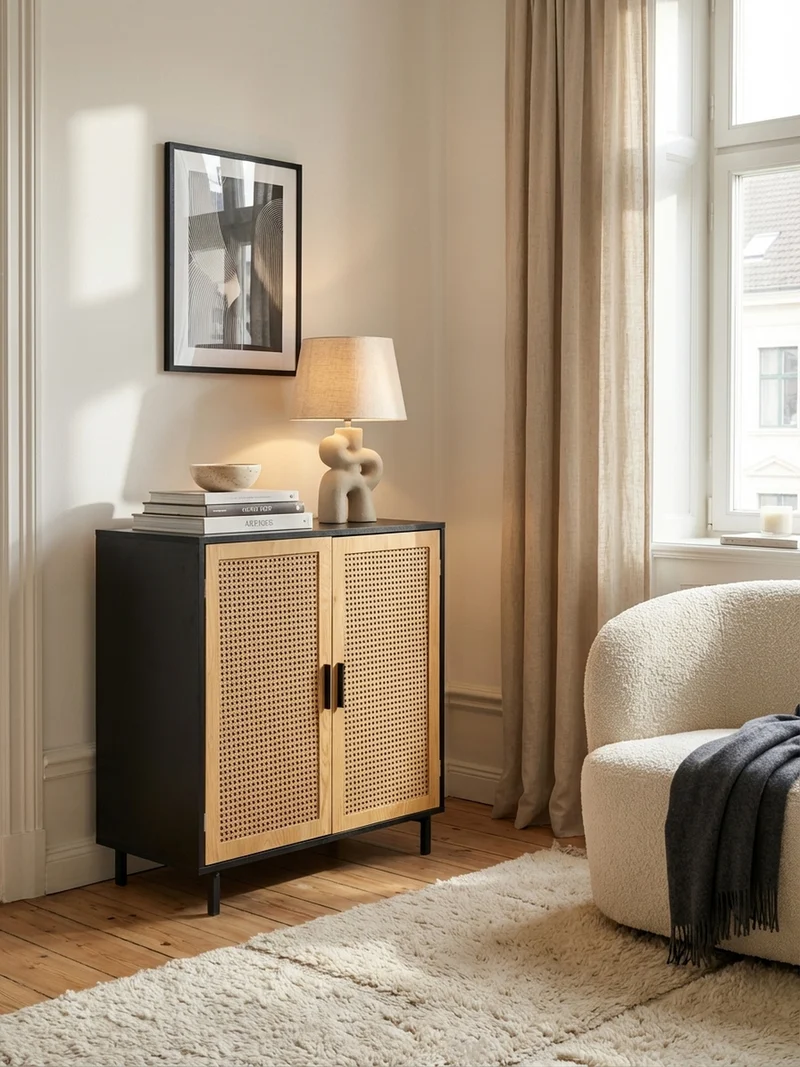 Sideboard – Schwarz, 80x86,5x40 cm, mit Wiener Geflecht, 2 Türen, hoch