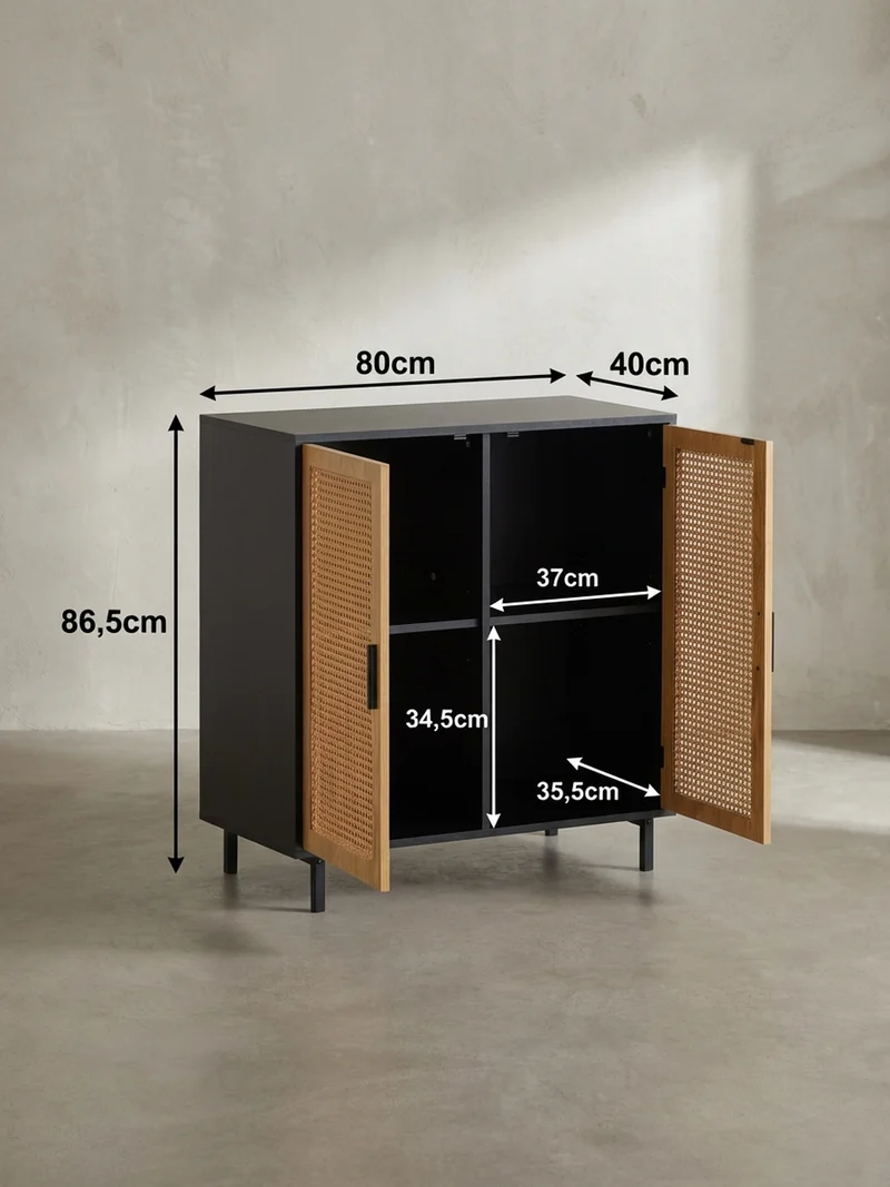 Sideboard – Schwarz, 80x86,5x40 cm, mit Wiener Geflecht, 2 Türen, hoch