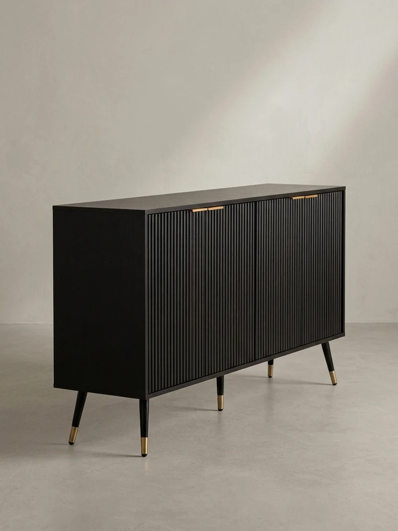 Sideboard – Schwarz/Eiche-Dekor, 150x81x39 cm, mit Türen, Metallbeine
