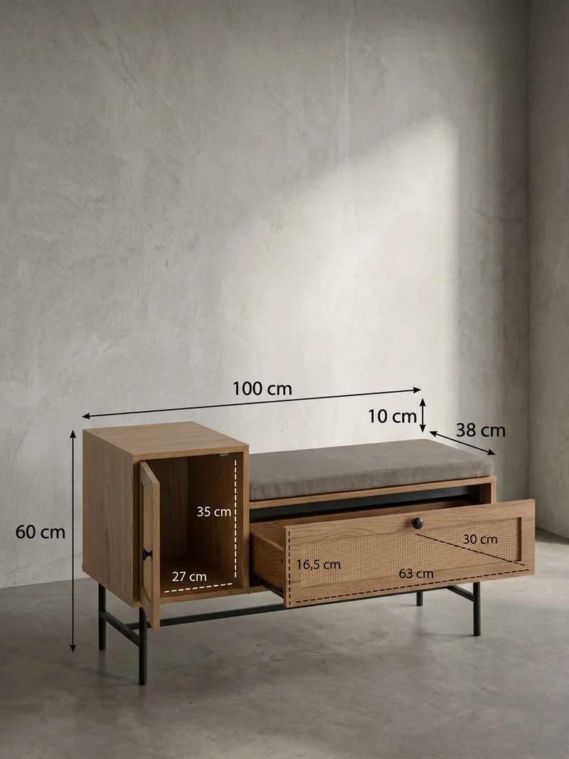 Schuhbank – Eiche-Dekor, 100x60x38 cm, Rattan-Elemente, gepolstert, mit Stauraum