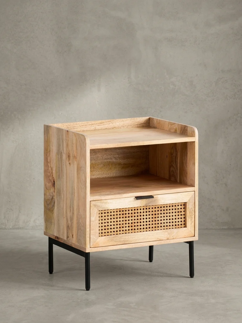 Nachttisch – Mango Massivholz/Rattan, 50x60x40 cm, 1 Schublade, Wiener Geflecht