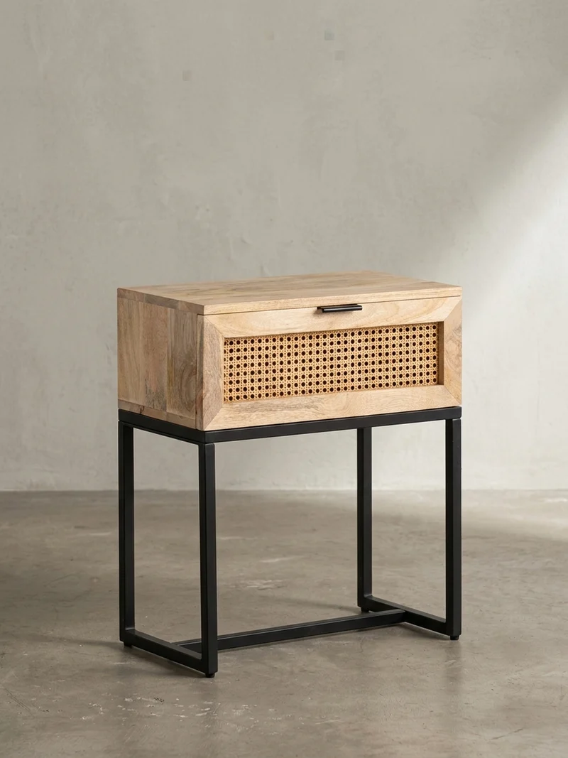 Nachttisch – Mango Massivholz/Rattan, 50x60x30 cm, 1 Schublade, Wiener Geflecht