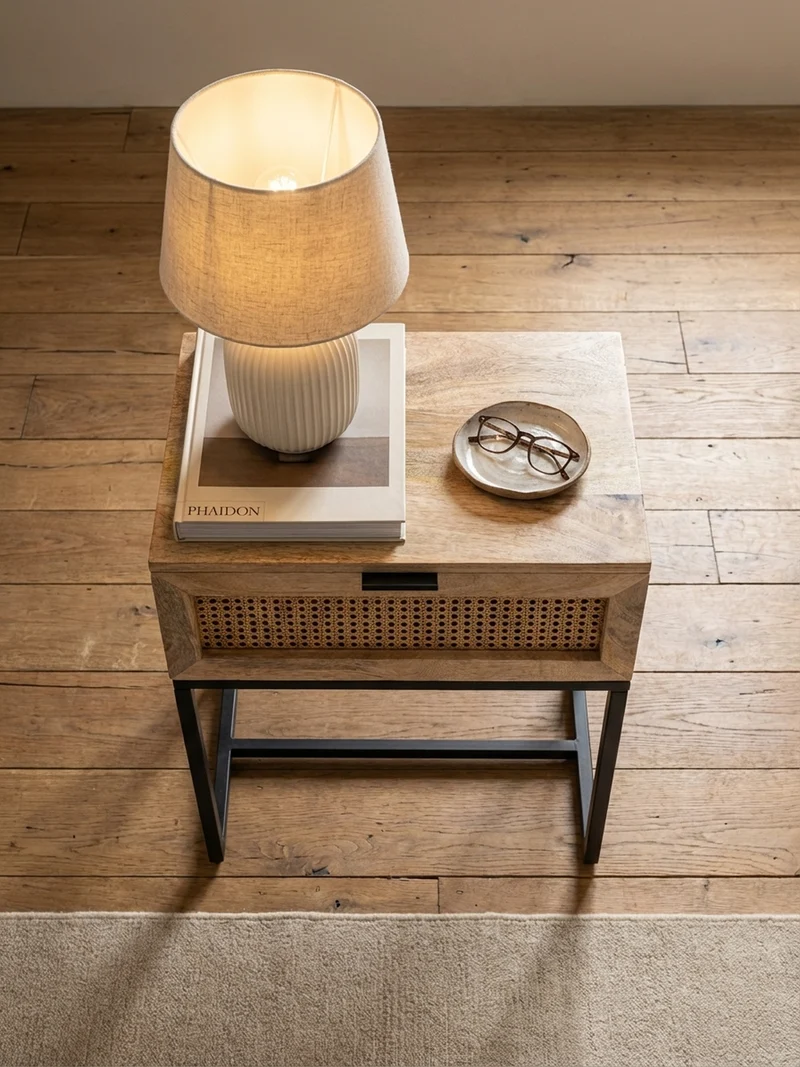 Nachttisch – Mango Massivholz/Rattan, 50x60x30 cm, 1 Schublade, Wiener Geflecht