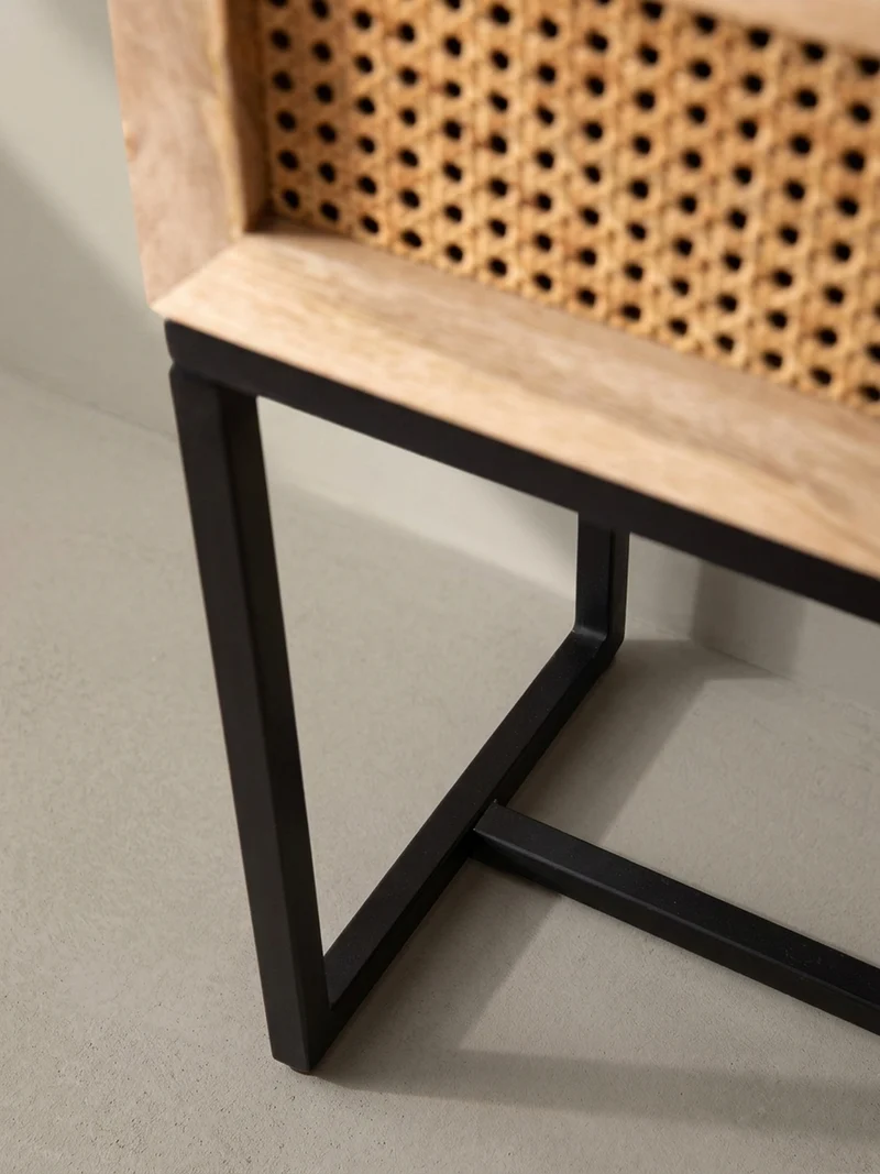 Nachttisch – Mango Massivholz/Rattan, 50x60x30 cm, 1 Schublade, Wiener Geflecht