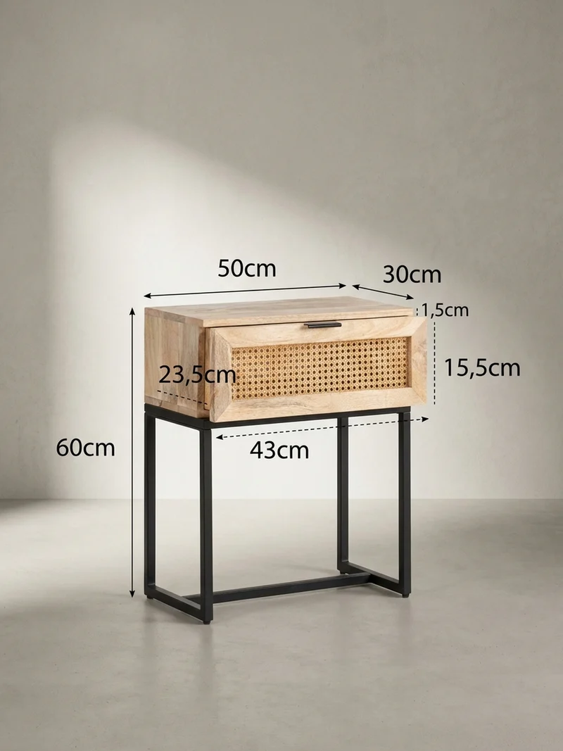 Nachttisch – Mango Massivholz/Rattan, 50x60x30 cm, 1 Schublade, Wiener Geflecht