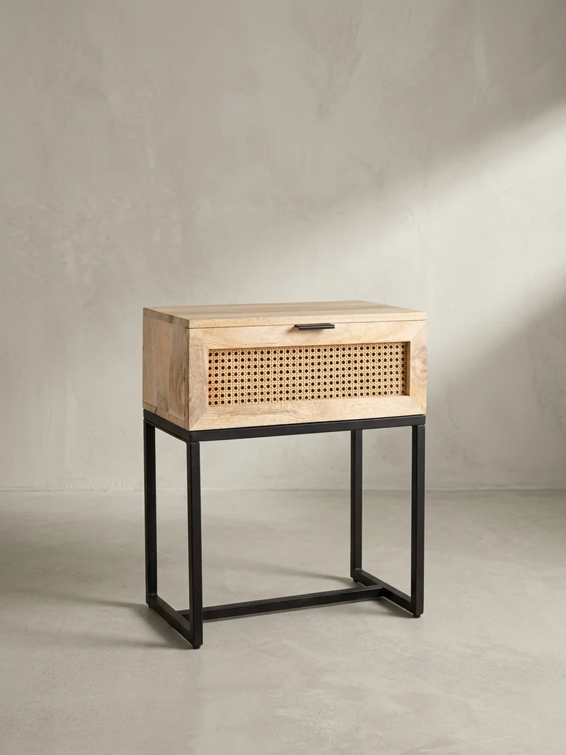Nachttisch – Mango Massivholz/Rattan, 50x60x30 cm, 1 Schublade, Wiener Geflecht