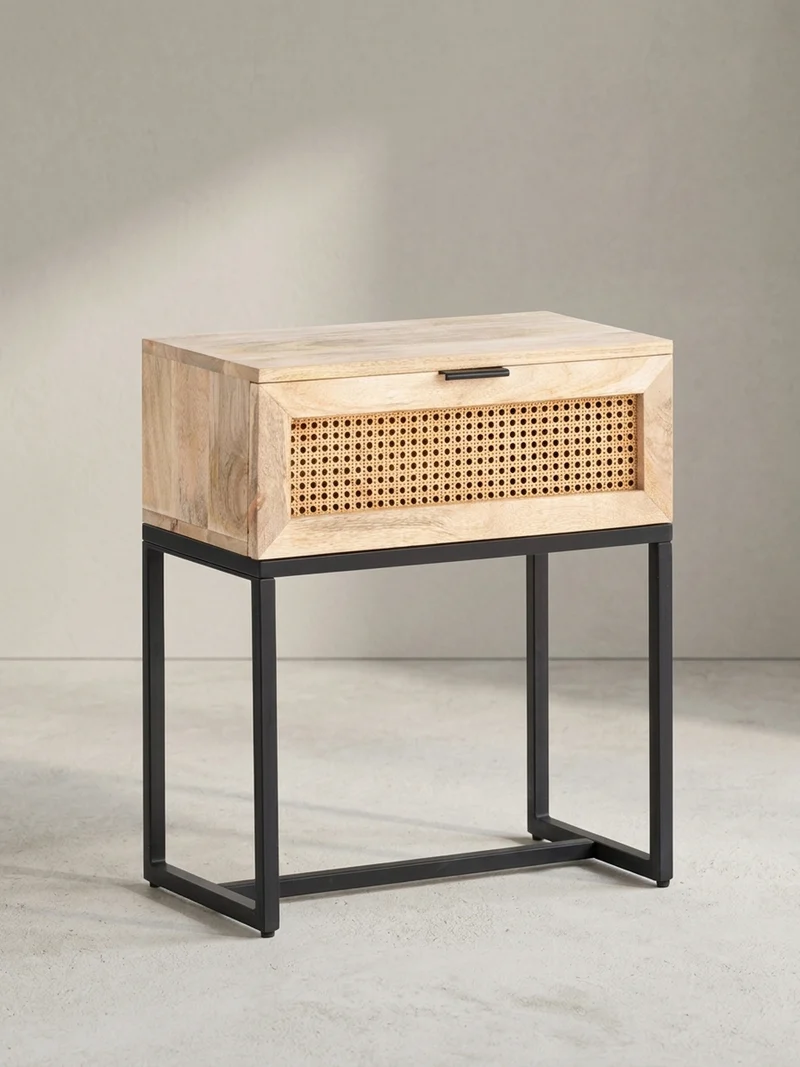 Nachttisch – Mango Massivholz/Rattan, 50x60x30 cm, 1 Schublade, Wiener Geflecht