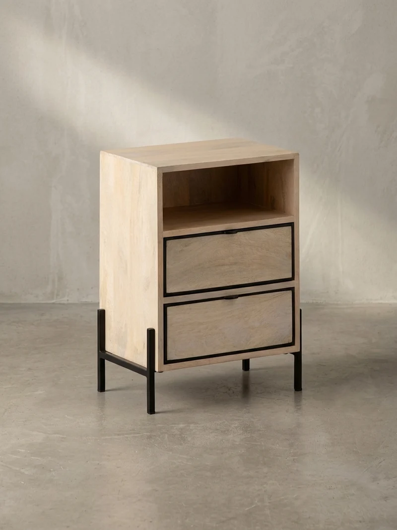 Nachttisch – Mango Massivholz/Metall, 43x60x30 cm, 2 Schubladen, braun
