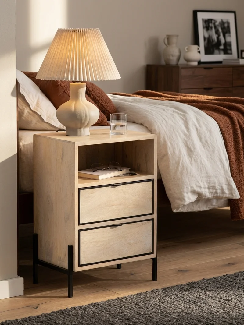 Nachttisch – Mango Massivholz/Metall, 43x60x30 cm, 2 Schubladen, braun