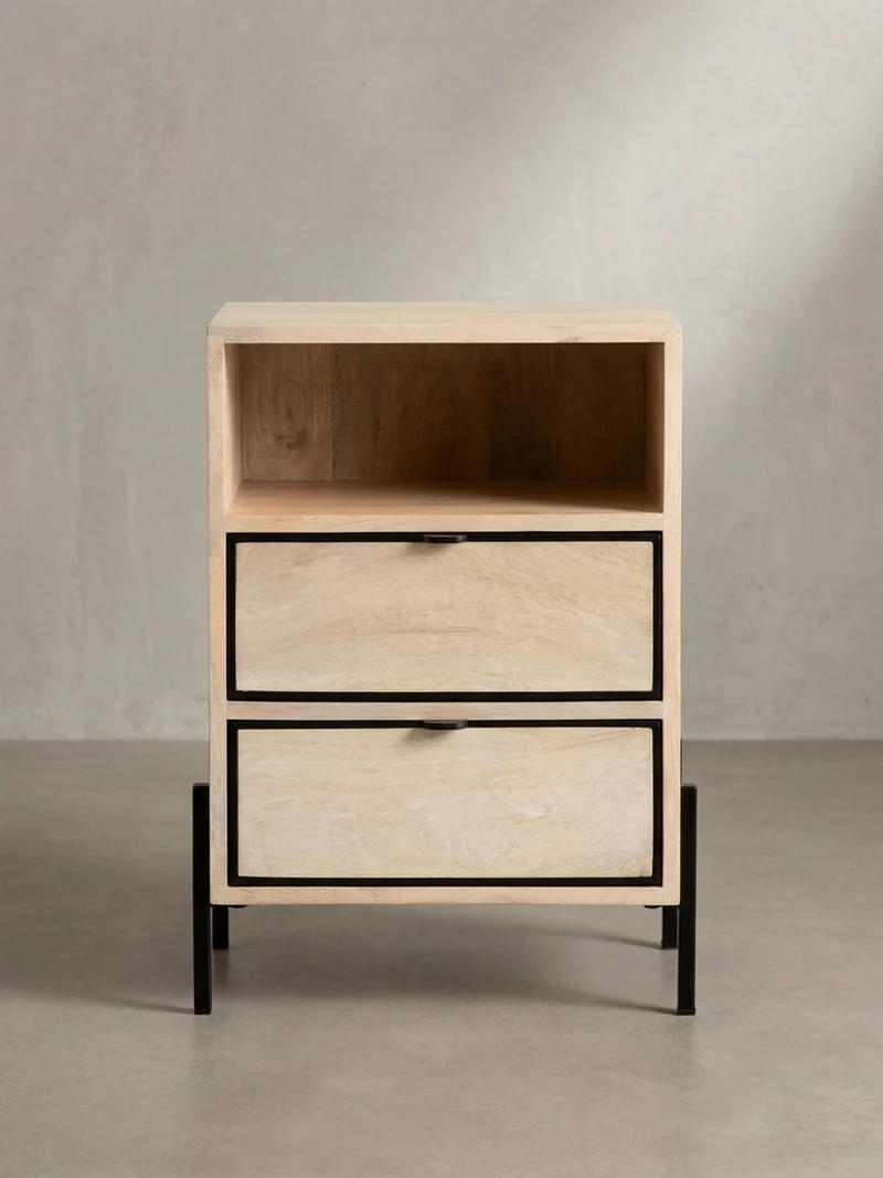Nachttisch – Mango Massivholz/Metall, 43x60x30 cm, 2 Schubladen, braun