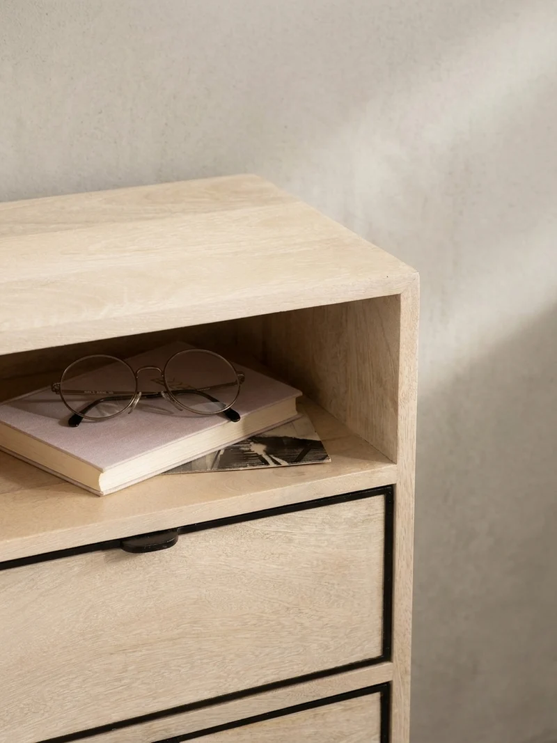 Nachttisch – Mango Massivholz/Metall, 43x60x30 cm, 2 Schubladen, braun
