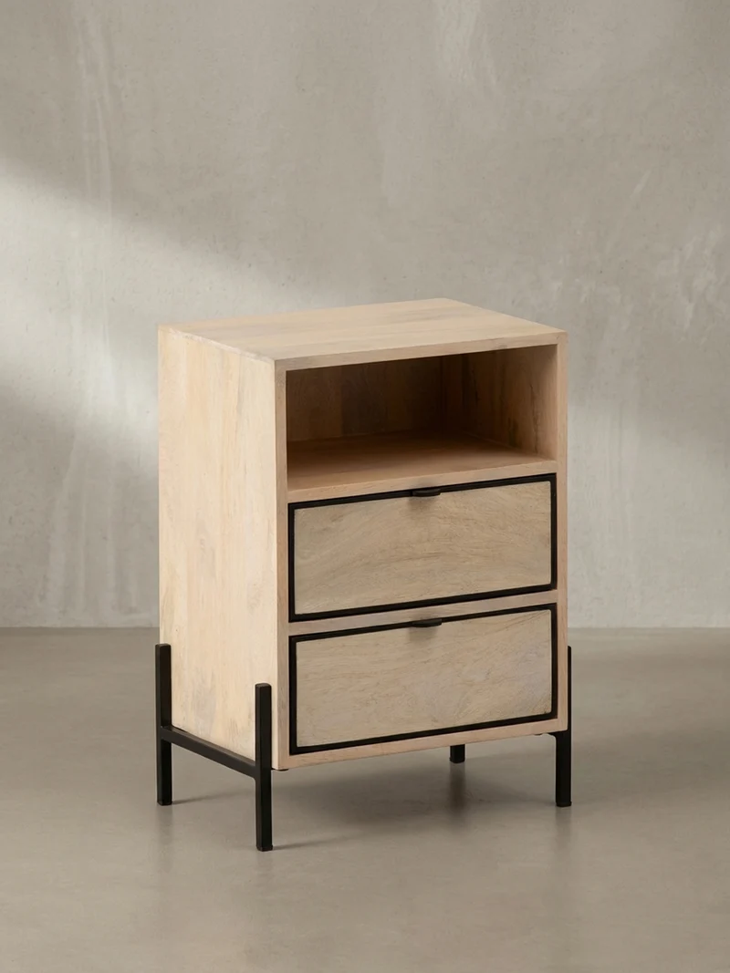 Nachttisch – Mango Massivholz/Metall, 43x60x30 cm, 2 Schubladen, braun