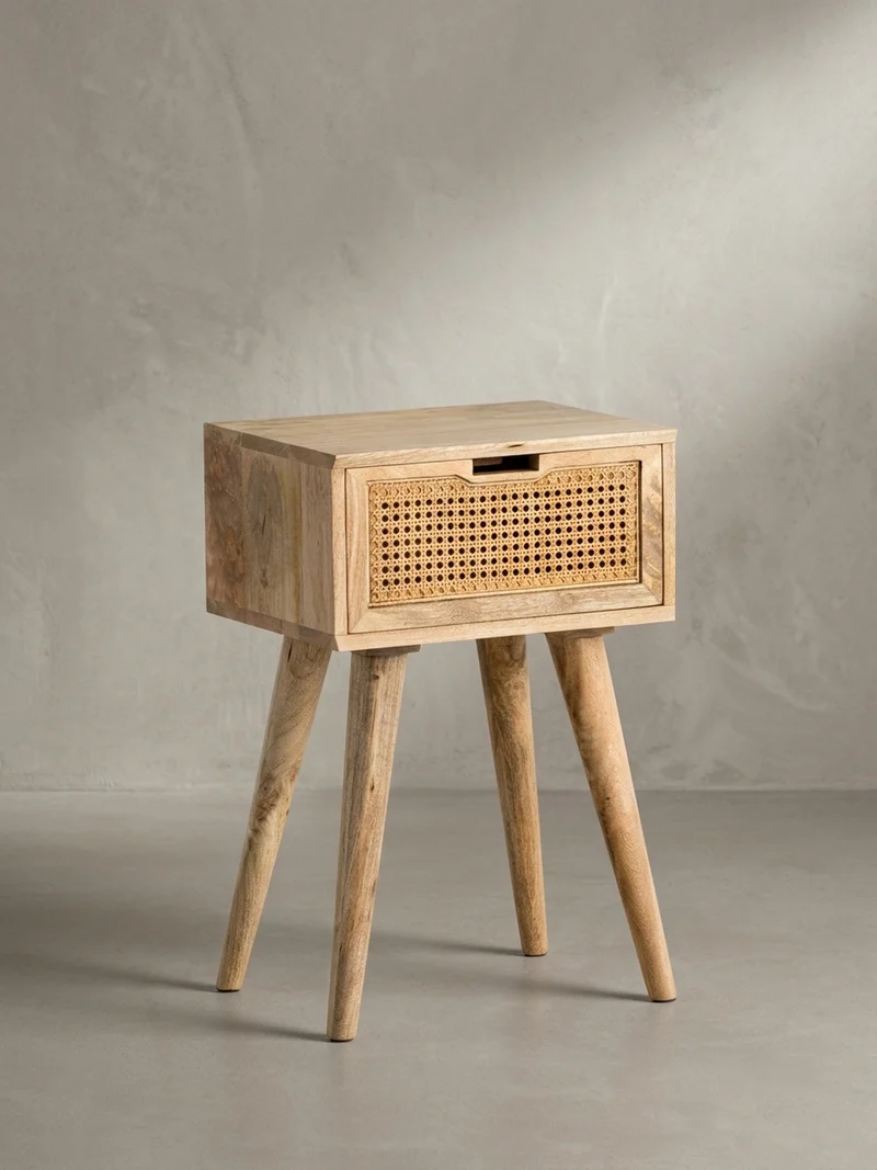 Nachttisch – Mango Massivholz/Rattan, 40x60x30 cm, Braun, 1 Schublade, Wiener Geflecht