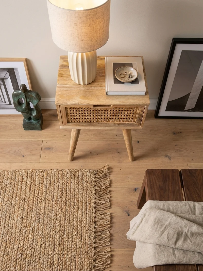 Nachttisch – Mango Massivholz/Rattan, 40x60x30 cm, Braun, 1 Schublade, Wiener Geflecht