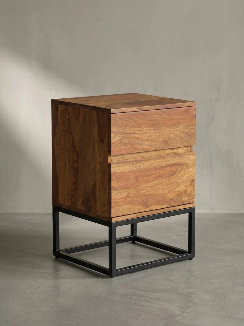 Nachttisch – Massivholz/Metall, 40x38x60 cm, 2 Schubladen, Industrial-Stil