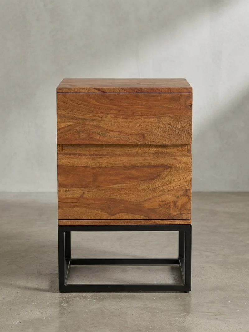 Nachttisch – Massivholz/Metall, 40x38x60 cm, 2 Schubladen, Industrial-Stil