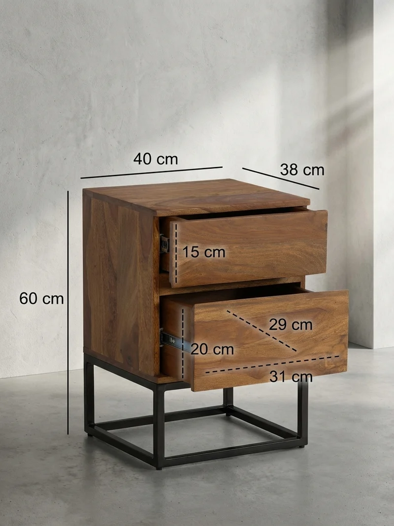 Nachttisch – Massivholz/Metall, 40x38x60 cm, 2 Schubladen, Industrial-Stil