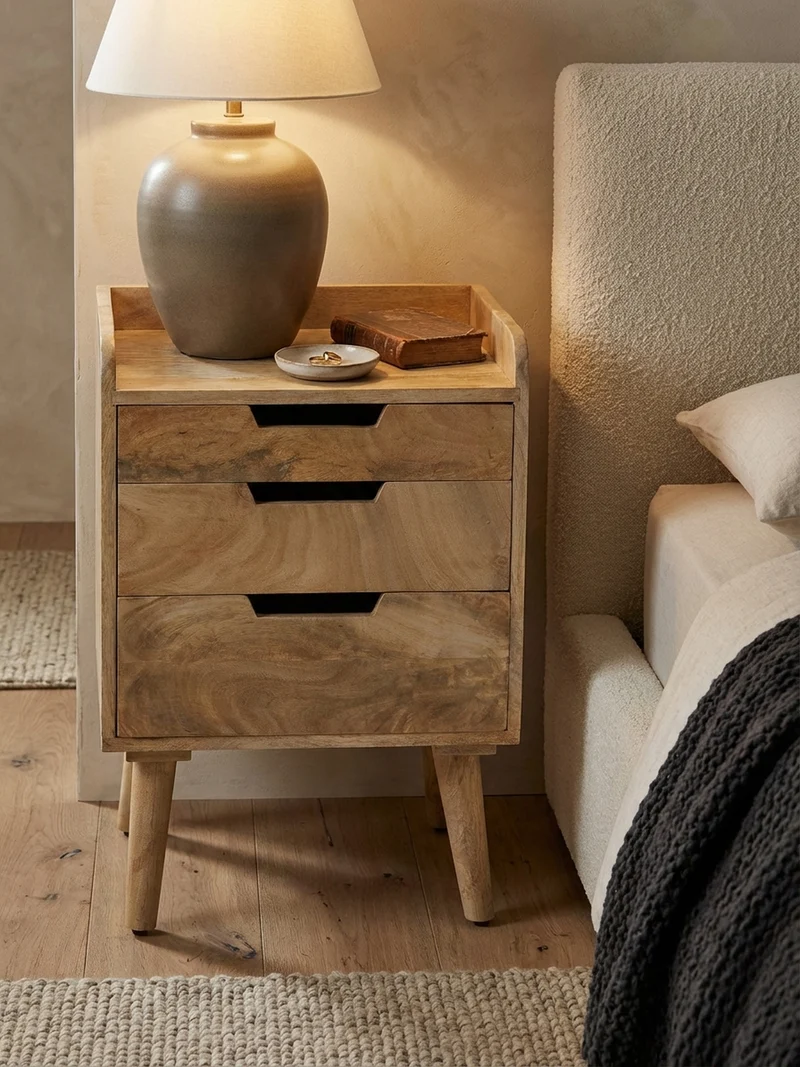 Nachttisch – Mango Massivholz, 45x33x63 cm, Hellbraun, 3 Schubladen, Ablage