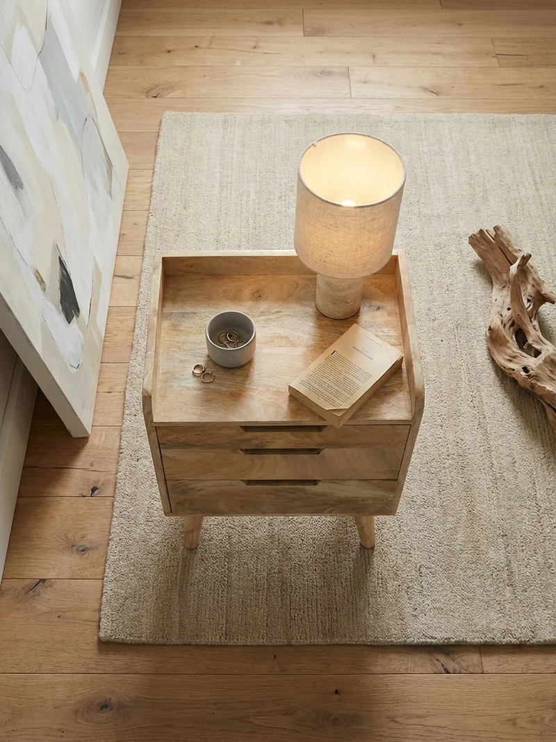Nachttisch – Mango Massivholz, 45x33x63 cm, Hellbraun, 3 Schubladen, Ablage