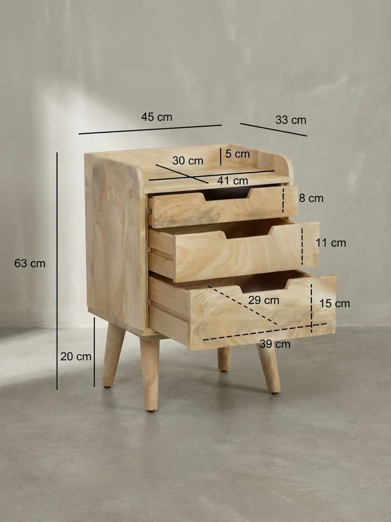 Nachttisch – Mango Massivholz, 45x33x63 cm, Hellbraun, 3 Schubladen, Ablage