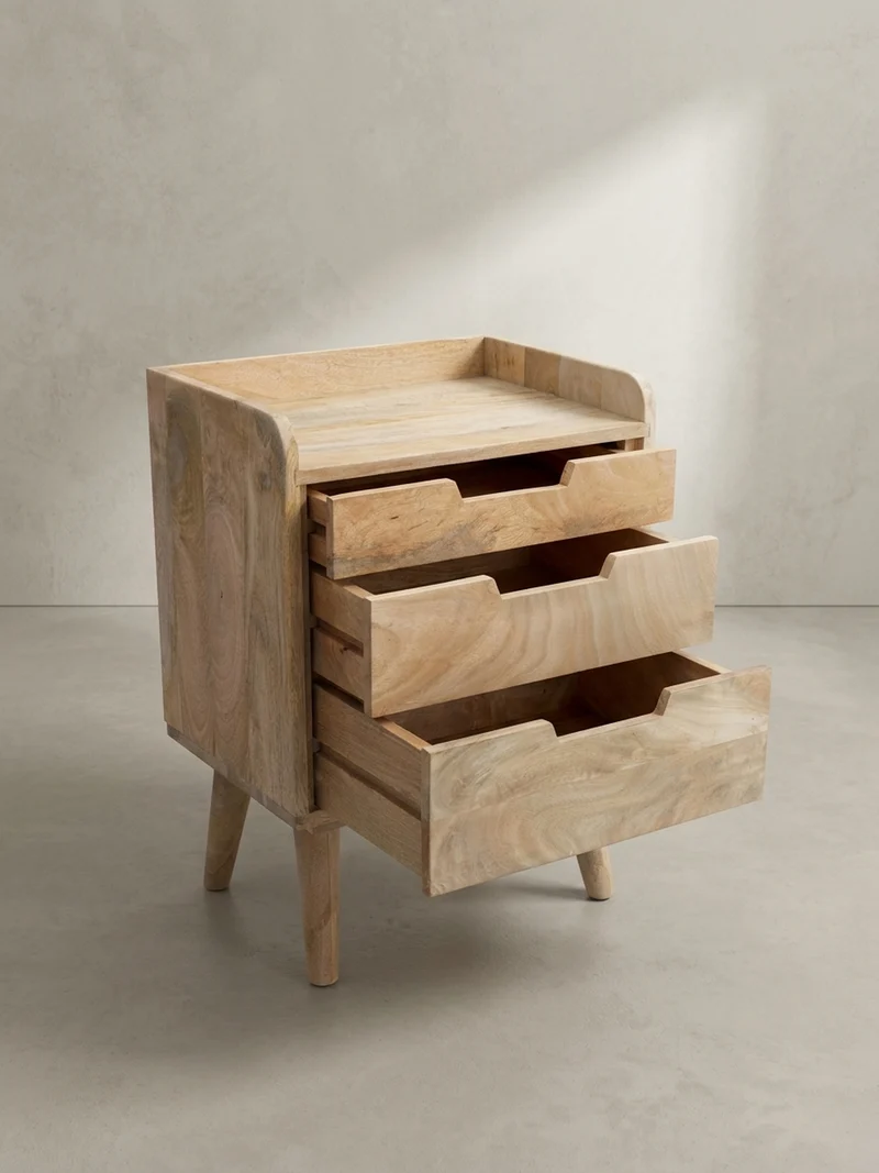Nachttisch – Mango Massivholz, 45x33x63 cm, Hellbraun, 3 Schubladen, Ablage